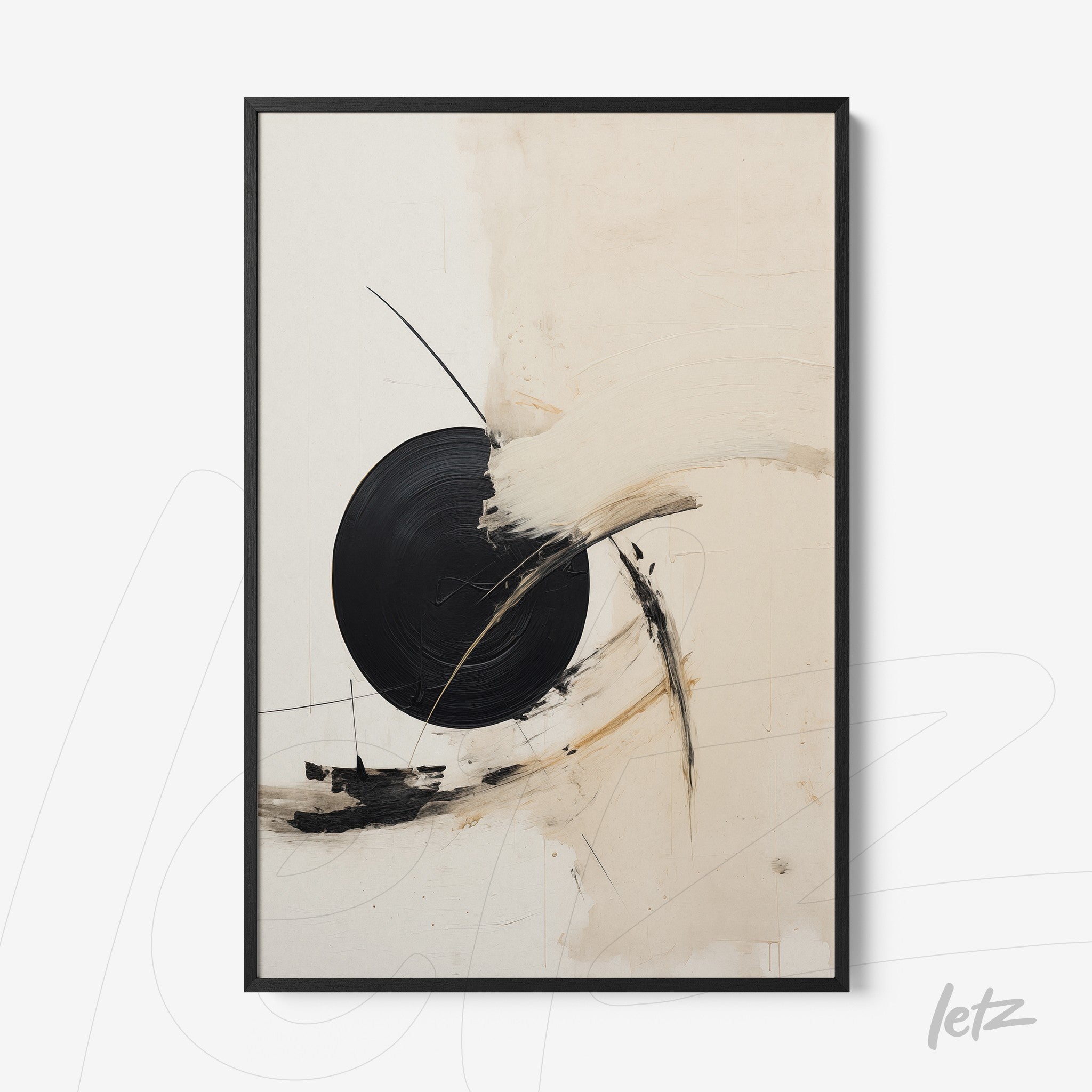 abstract wall art in light tones featuring a central black circle in a black frame