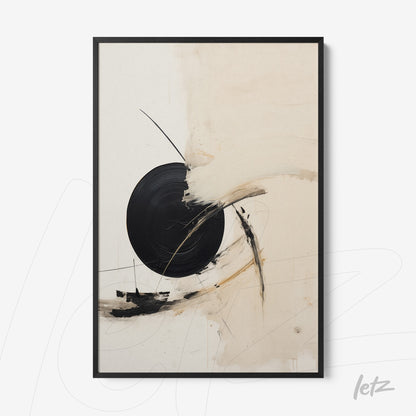 abstract wall art in light tones featuring a central black circle in a black frame