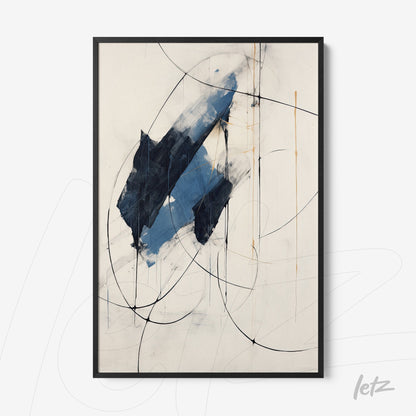 abstract wall art featuring blue and black shapes on a light background with a black frame