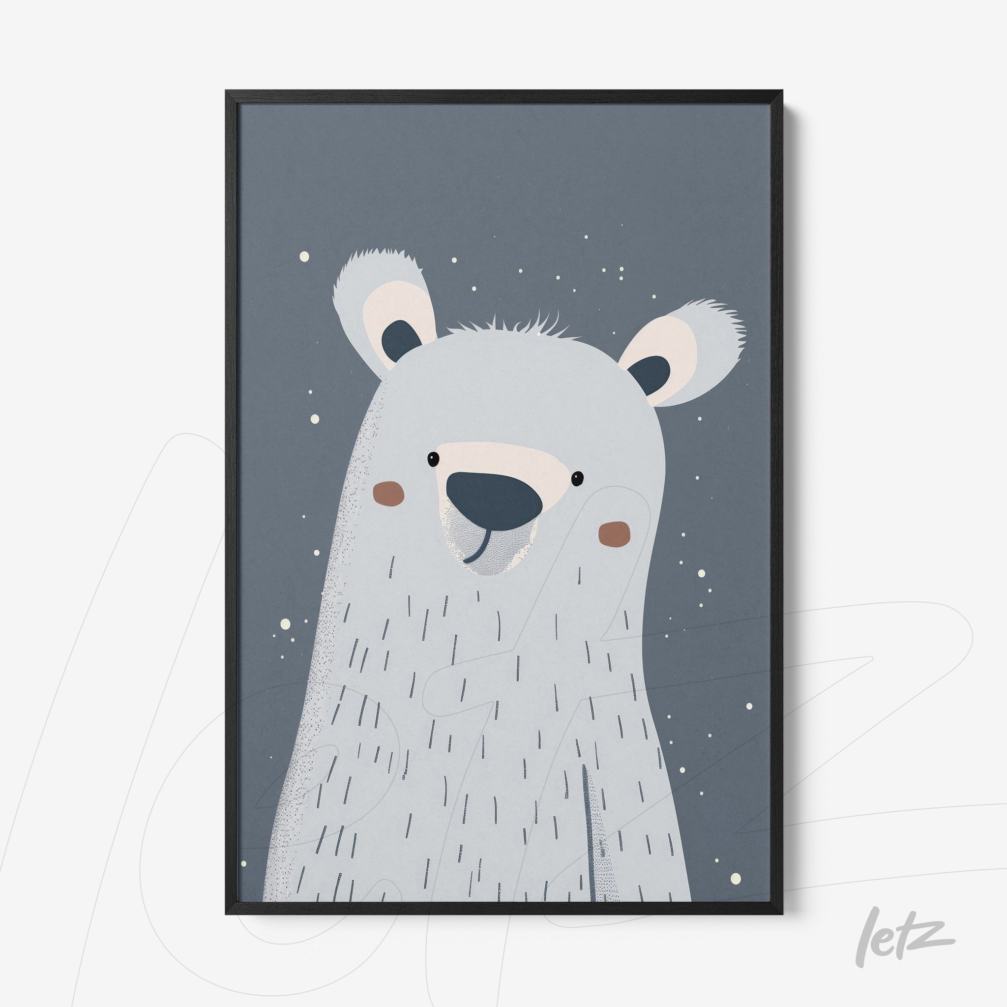 cute illustration of a polar bear on a gray background with a black frame