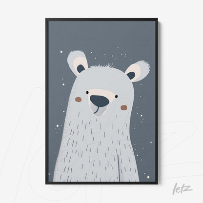 cute illustration of a polar bear on a gray background with a black frame