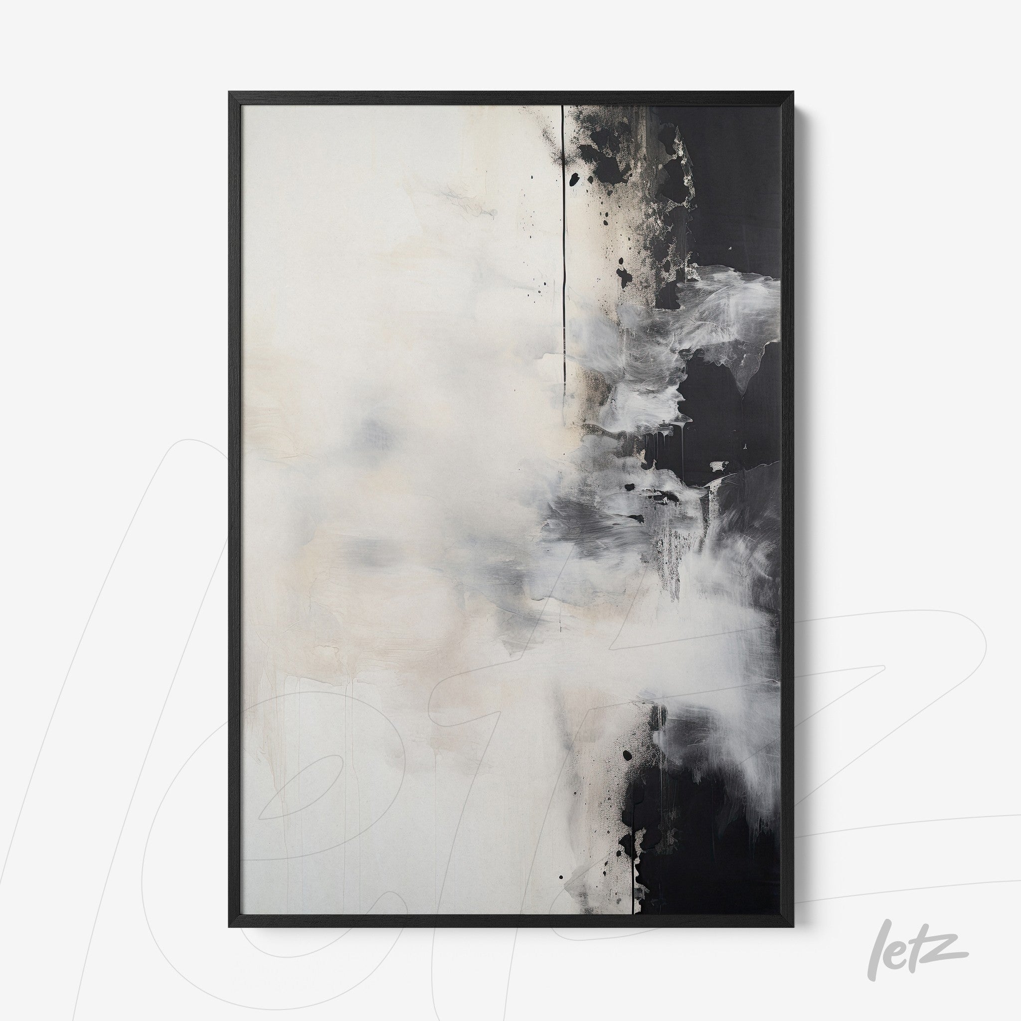 abstract wall art featuring shades of white, gray, and black in a black frame