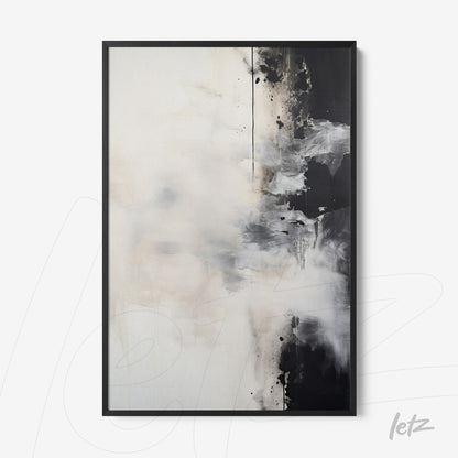 abstract wall art featuring shades of white, gray, and black in a black frame