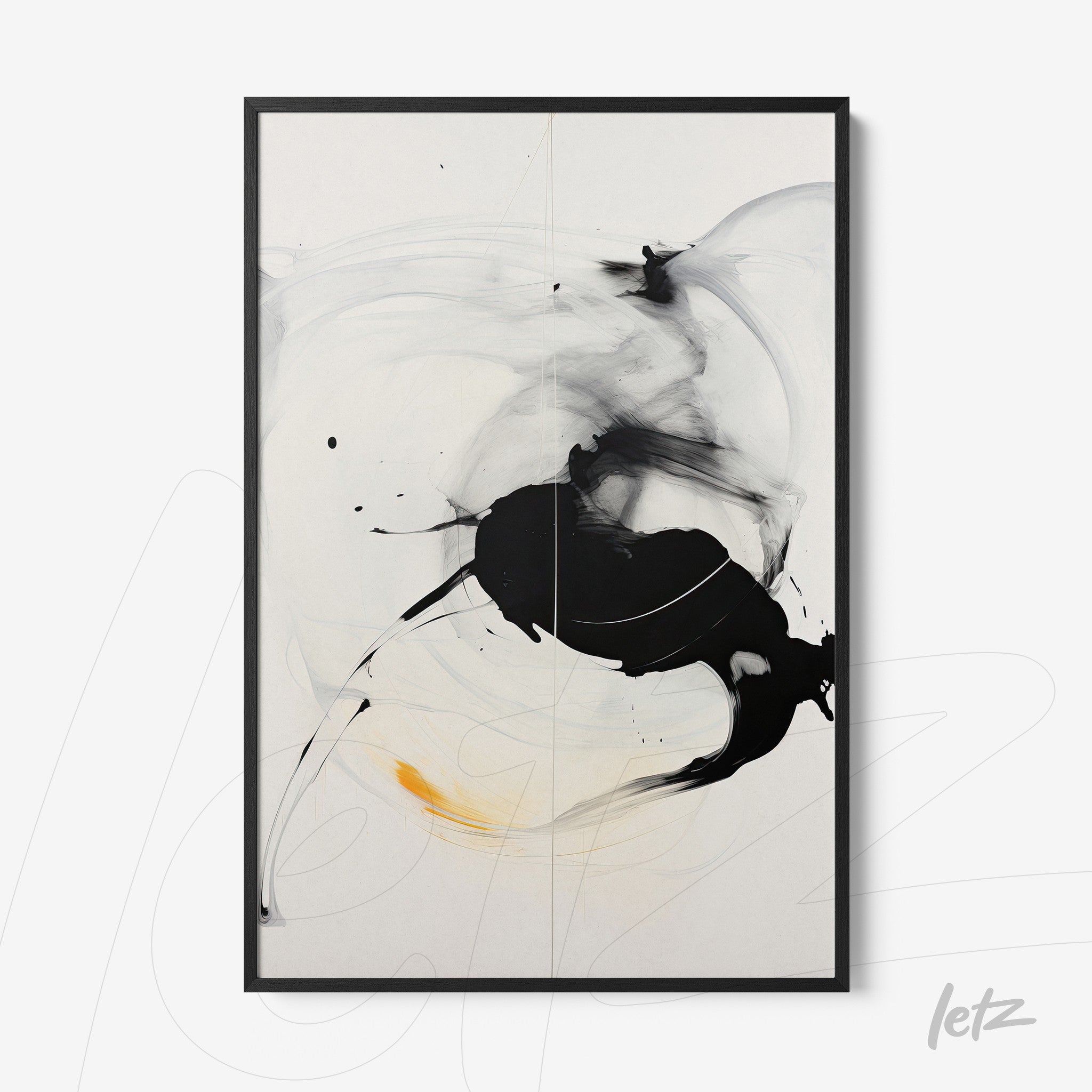 abstract artwork in black and white with yellow accents in a thin black frame
