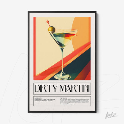 framed wall art featuring a stylized illustration of a martini drink with black frame and colorful background