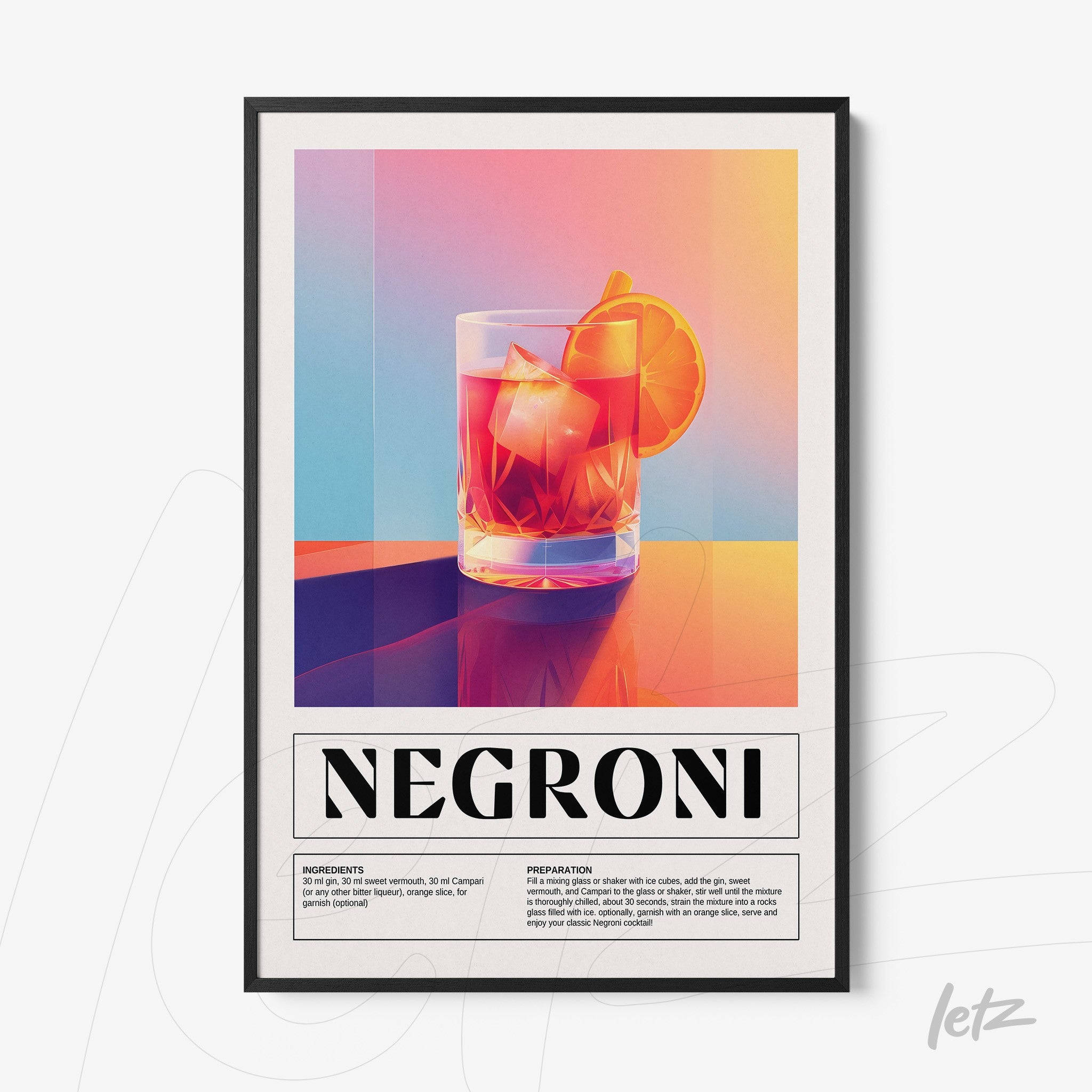 framed art featuring a stylized illustration of a negroni cocktail in a glass with ice and an orange slice, vibrant gradient background in orange and blue