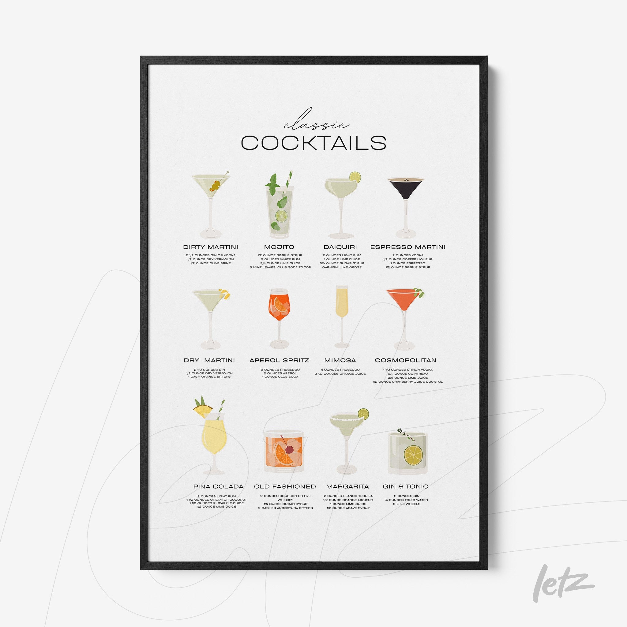 framed wall art featuring illustrations of classic cocktails in a sleek black frame