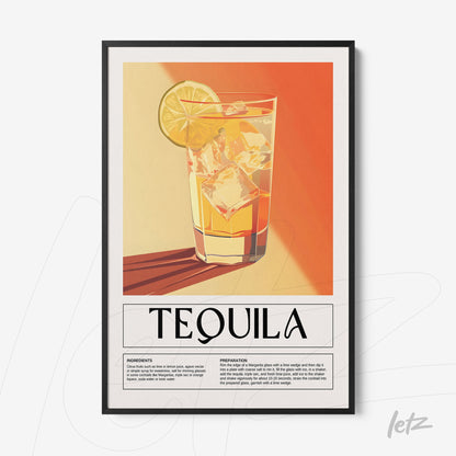 decorative wall art featuring an artistic illustration of tequila cocktail with orange and yellow background, black frame