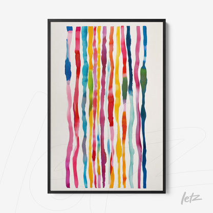 framed abstract art piece featuring vibrant stripes in shades of pink, blue, and orange