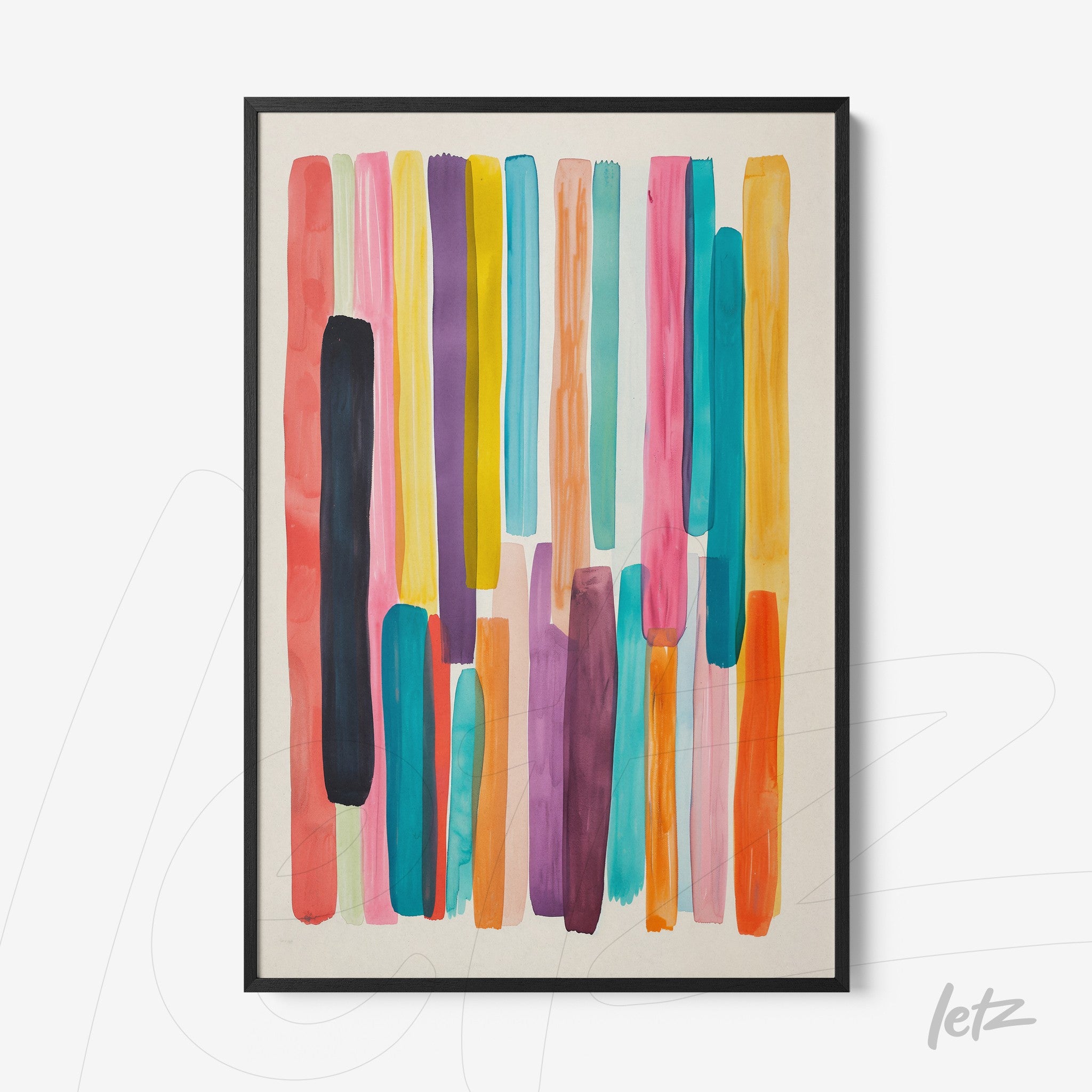 framed abstract art featuring colorful brush strokes in black frame