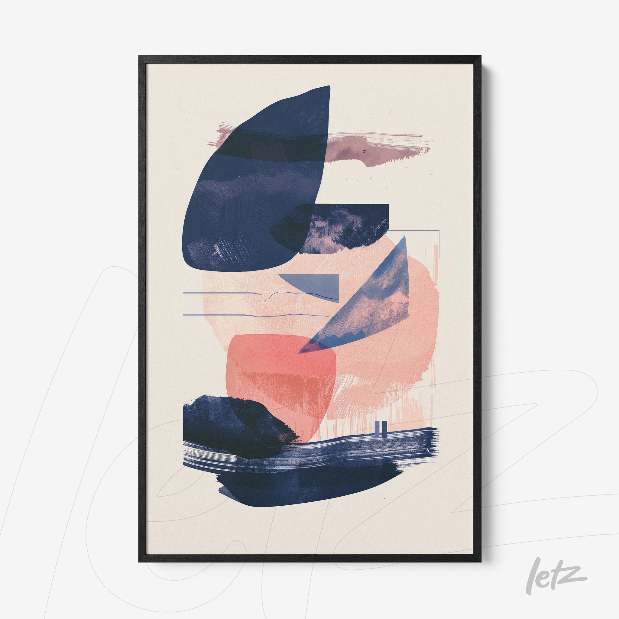 framed abstract wall art in shades of blue and coral with organic shapes on cream background