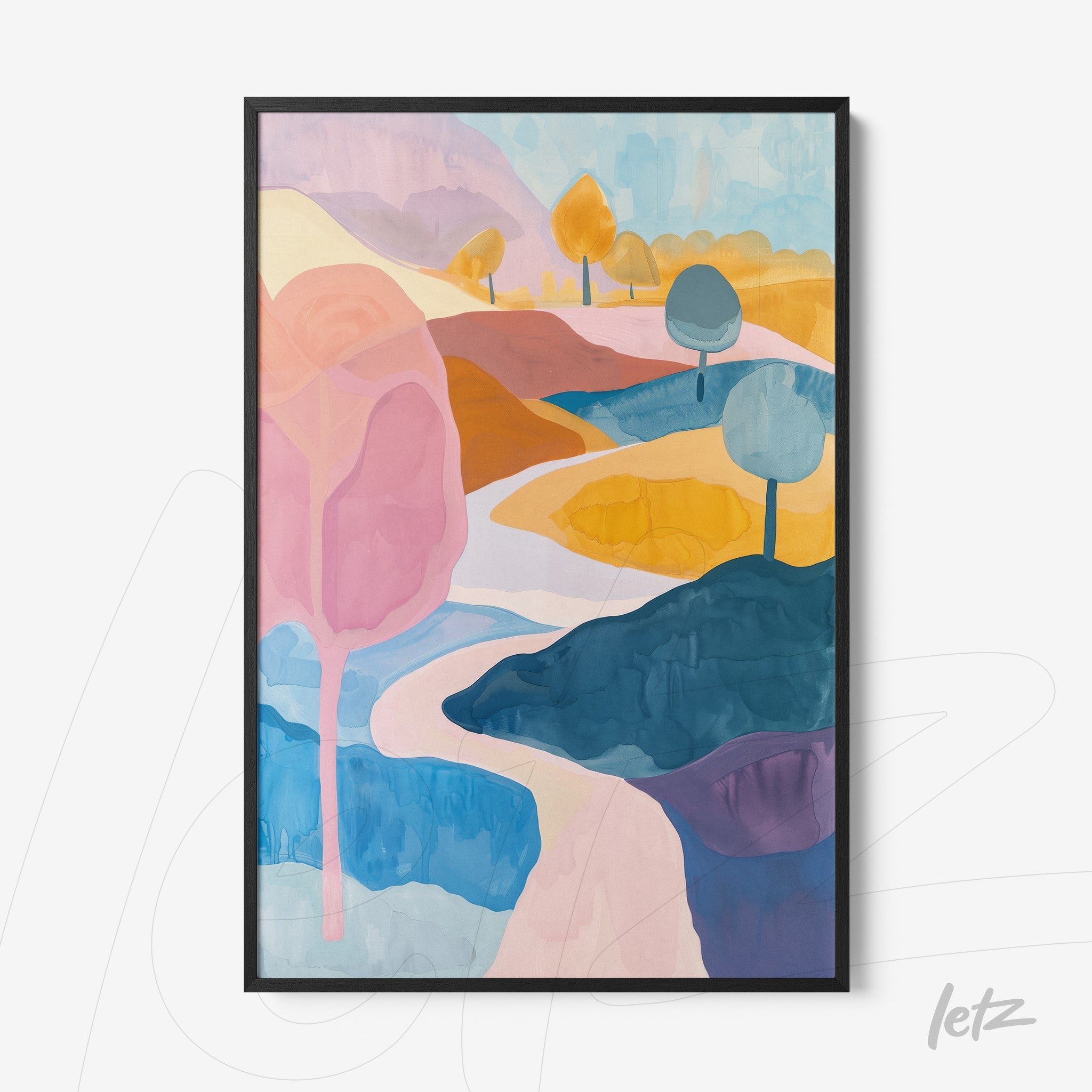framed abstract art of colorful landscape with flowing curves