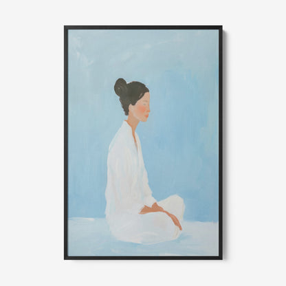 framed minimalist artwork of a seated woman in meditation with soft blue background
