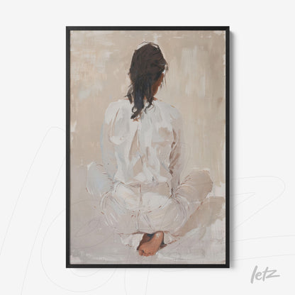 abstract wall art of a woman sitting with her back to the viewer in neutral tones with a black frame