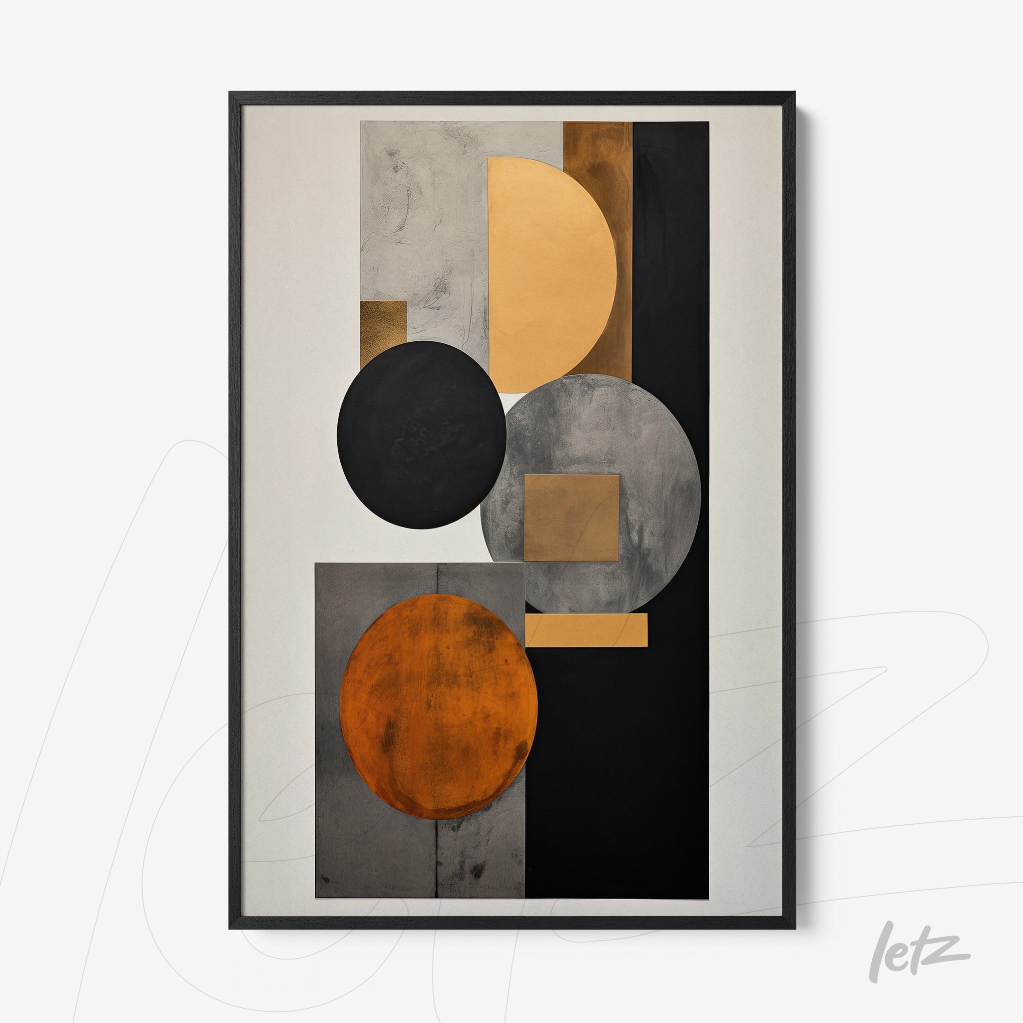 abstract wall art featuring geometric shapes in black, gray, and orange tones with black frame