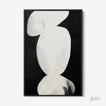 abstract framed wall art with white shapes on a black background