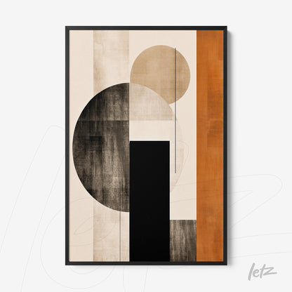 abstract wall art in earthy tones featuring geometric shapes like circles and rectangles on a light background with black frame
