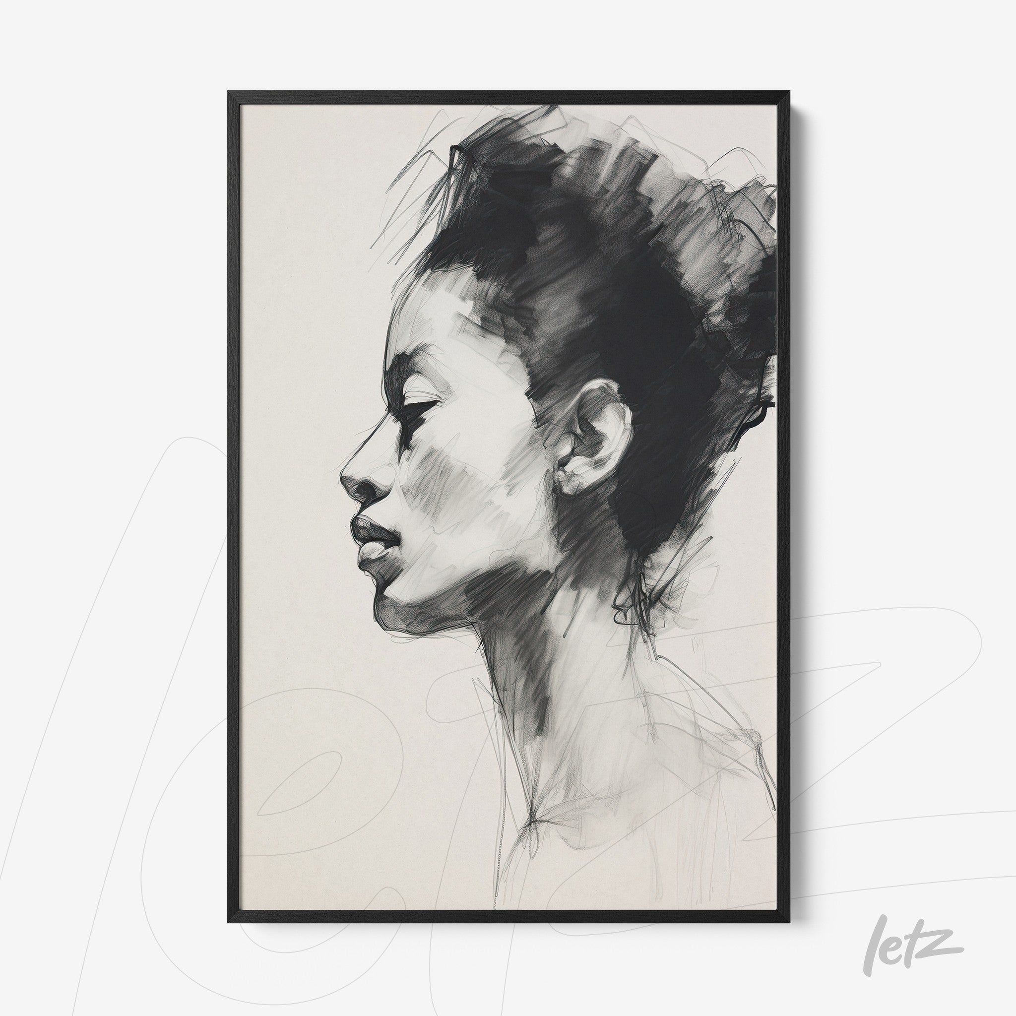 profile portrait of a woman with black and white brush strokes, thin black frame