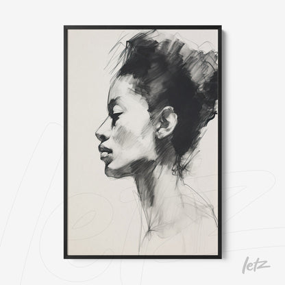 profile portrait of a woman with black and white brush strokes, thin black frame