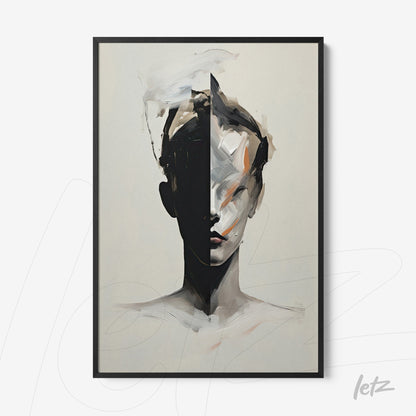 framed artwork featuring an abstract portrait in shades of black and white with expressive brush strokes