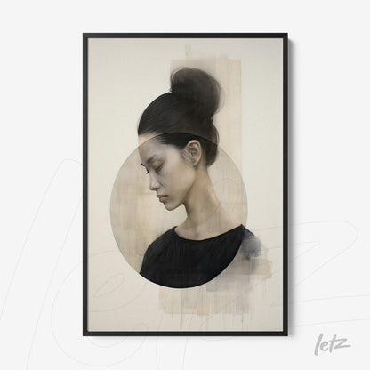 framed artwork featuring a serene female portrait in neutral tones with overlapping circles and abstract background