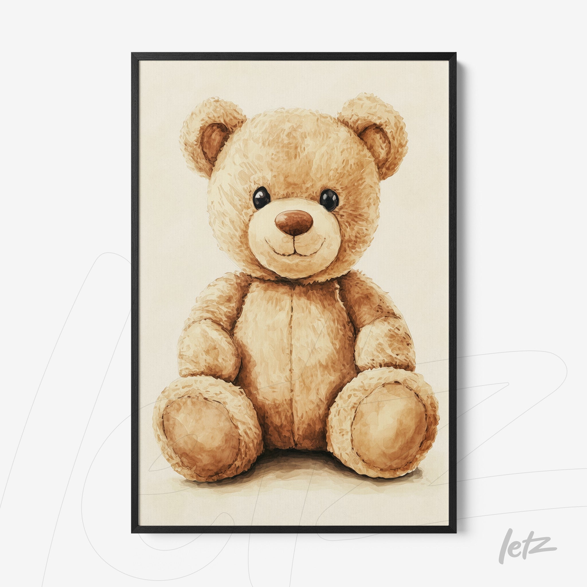 framed art of a brown teddy bear with a thin black frame