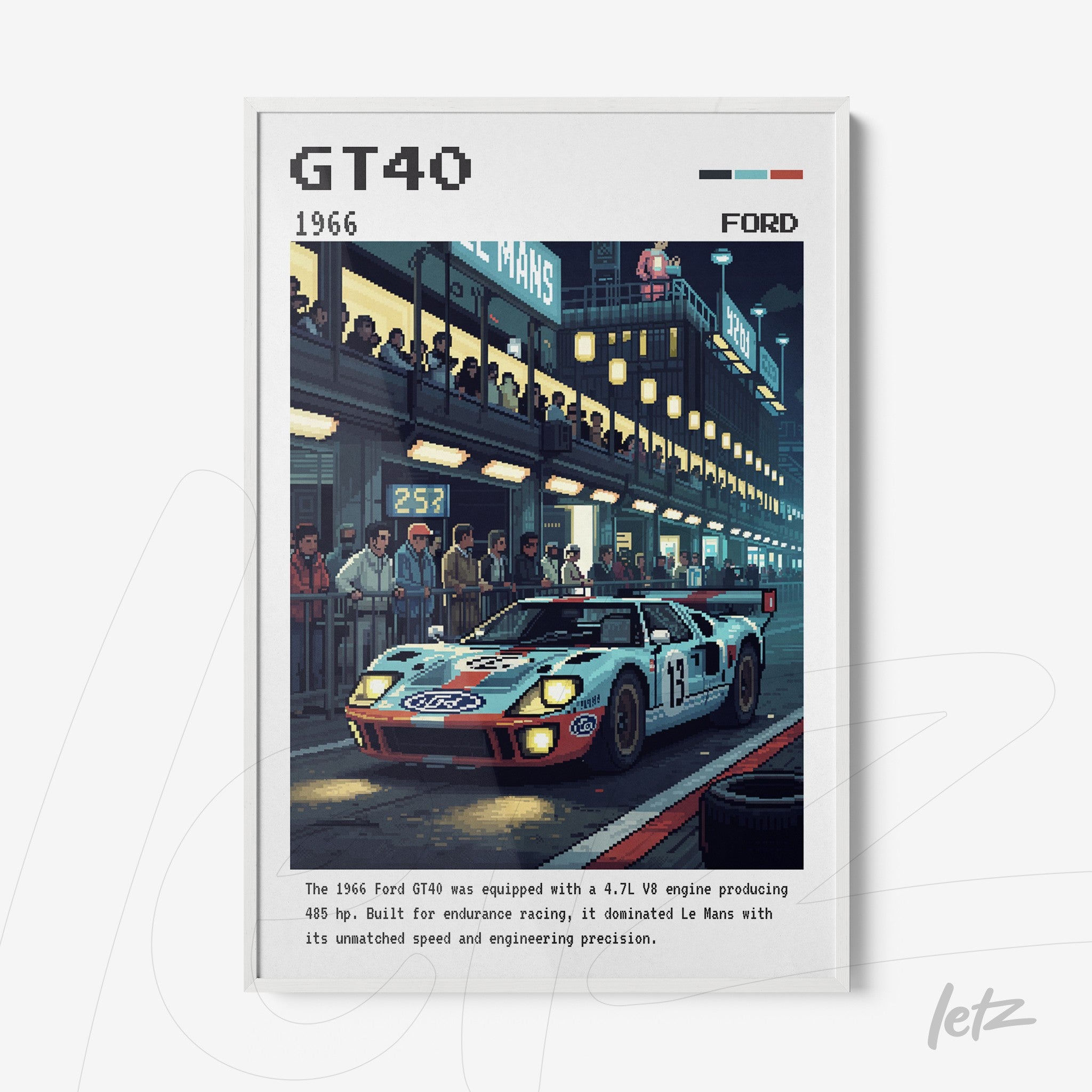 framed digital art of the Ford GT40 racing car in a vibrant racing scene with an urban background