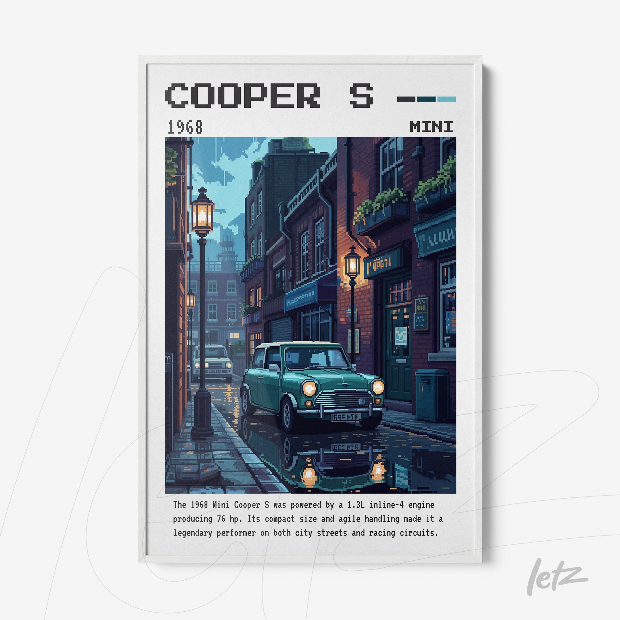 framed wall art featuring pixel art illustration of Mini Cooper S on a rainy street with street lamps
