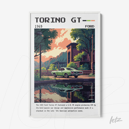 retro art print depicting the 1969 Ford Torino GT in an urban setting with water reflection