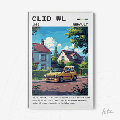 framed artwork featuring a pixelated illustration of a yellow Renault Clio Williams parked in front of a retro-style house with a garden