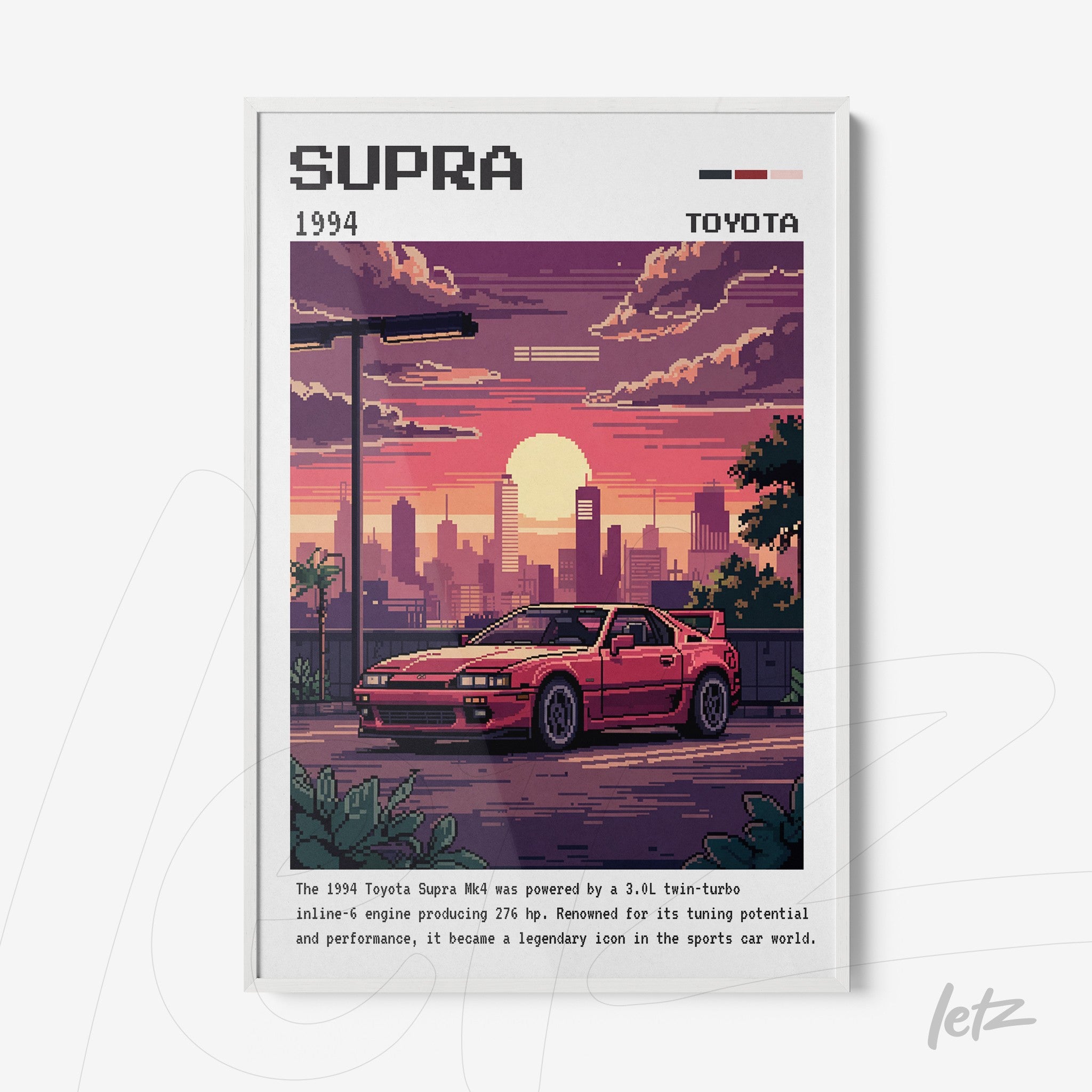 pixel art of a 1994 Toyota Supra in a white frame with an urban sunset background