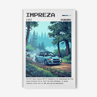 pixel art framed illustration of the 1997 Subaru Impreza in a natural setting with white frame
