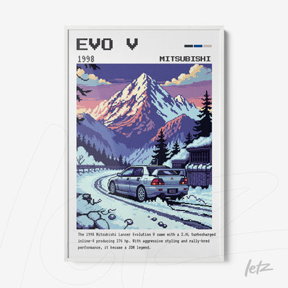 pixel art wall art featuring the Mitsubishi Lancer Evolution V in a mountainous landscape at sunset