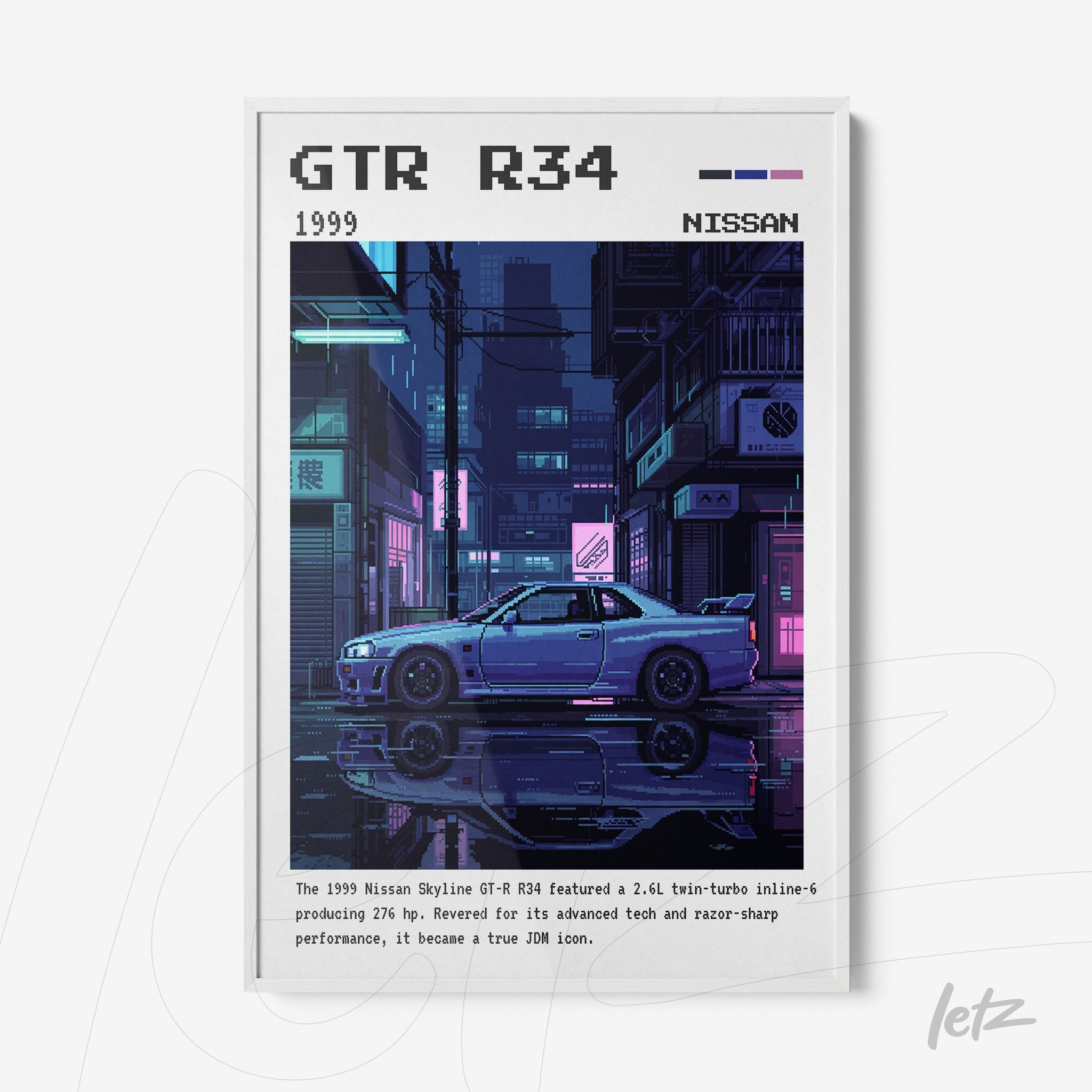 pixel art framed print of Nissan GTR R34 in a nighttime urban scene with neon lights