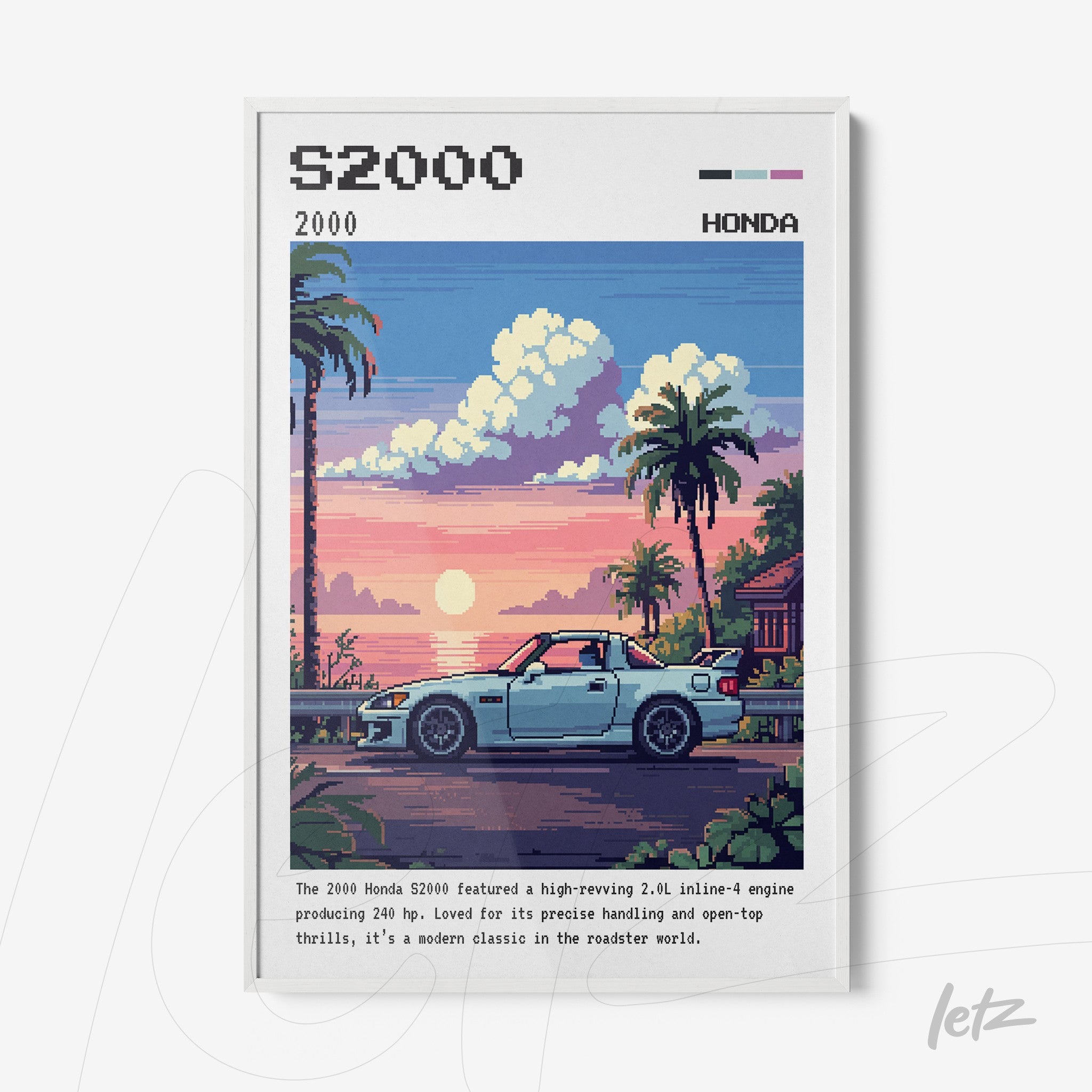 framed pixel art of a Honda S2000 on a seaside road at sunset featuring palm trees and a colorful sky