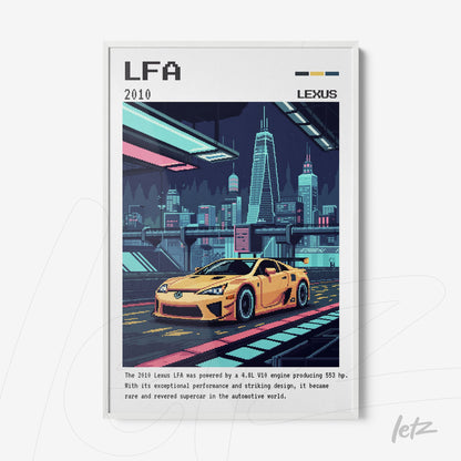 framed digital art featuring the lexus lfa sports car against a vibrant urban skyline with a white frame