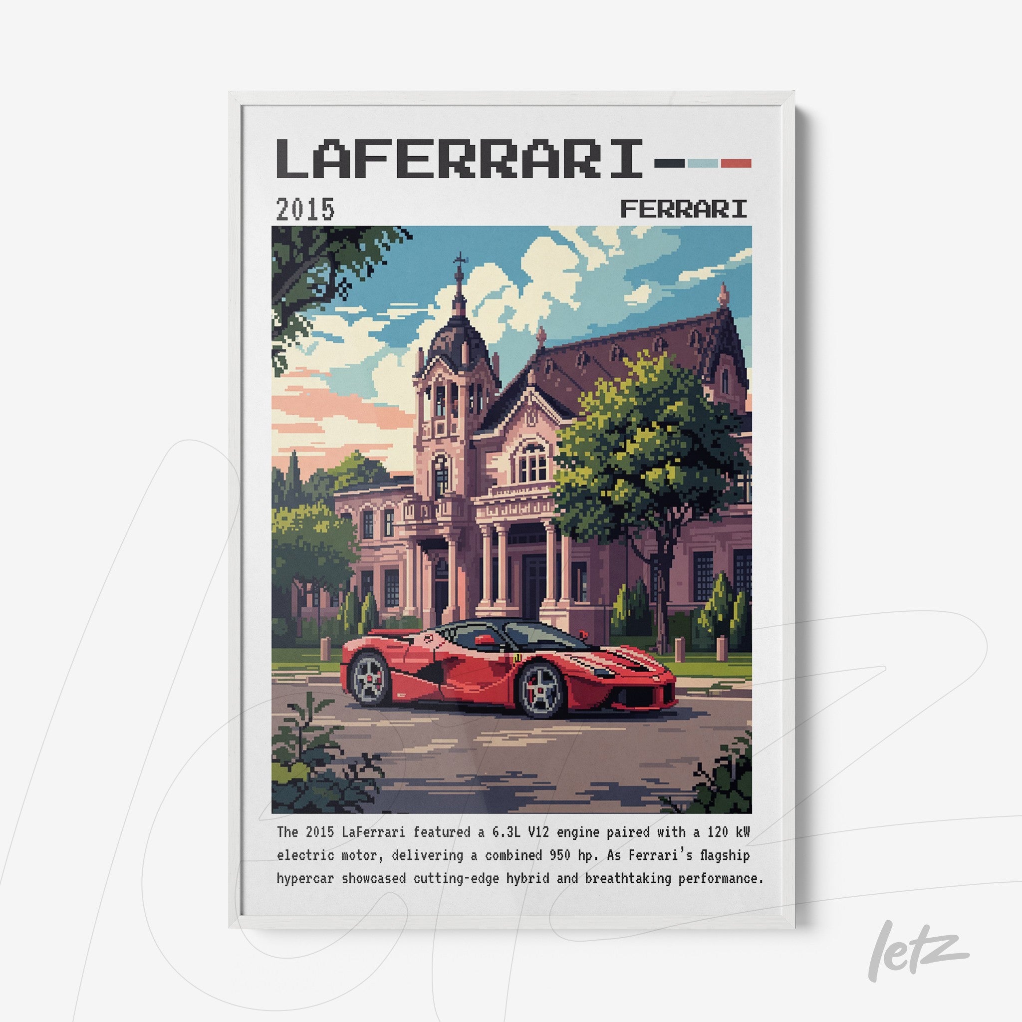 framed pixel art depicting Laferrari sports car in front of a classic mansion with white frame