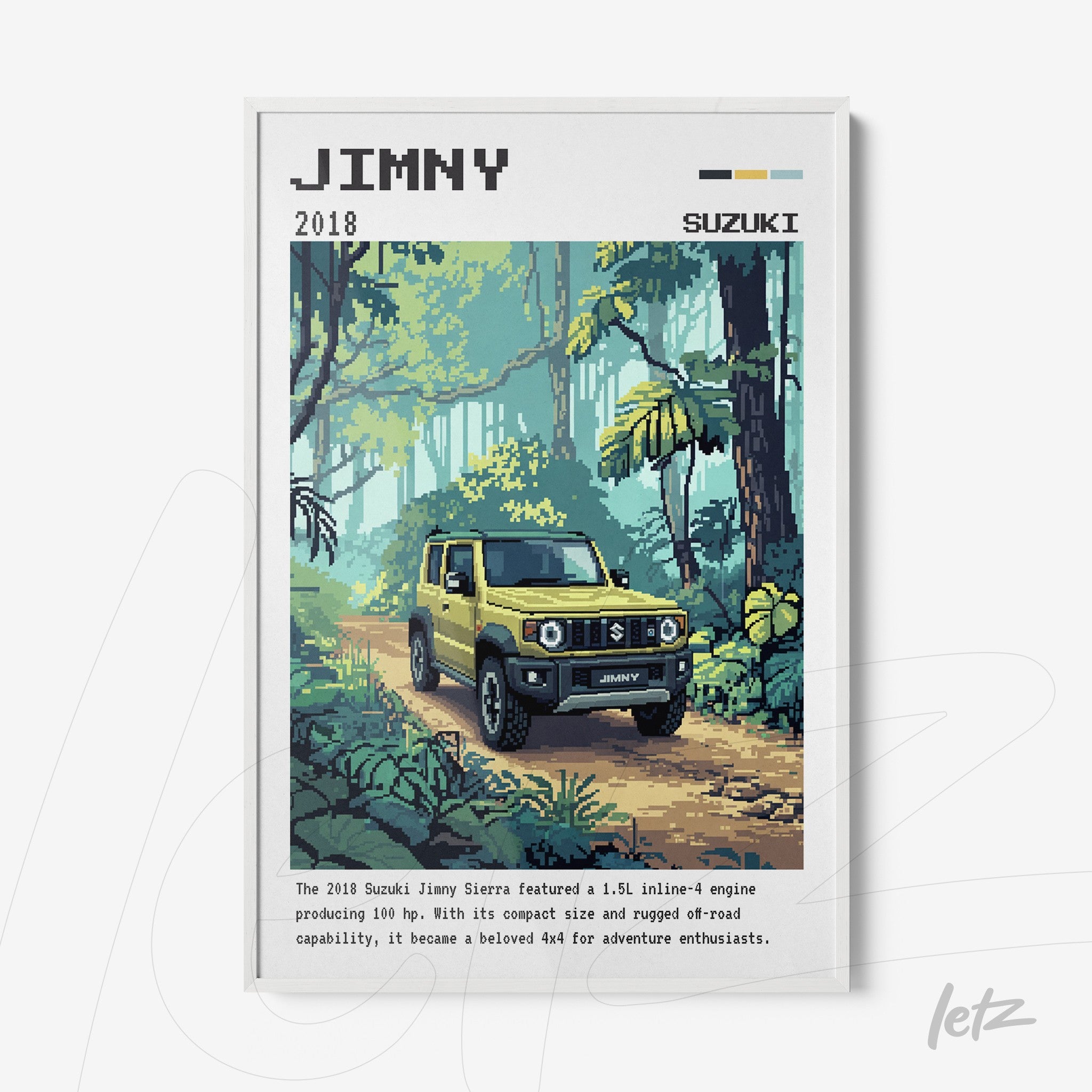 framed artwork featuring the Jimny car in a lush natural environment with vibrant foliage