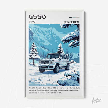 digital artwork of the Mercedes-Benz G-Class G550 SUV in a snowy mountain landscape with trees in the background
