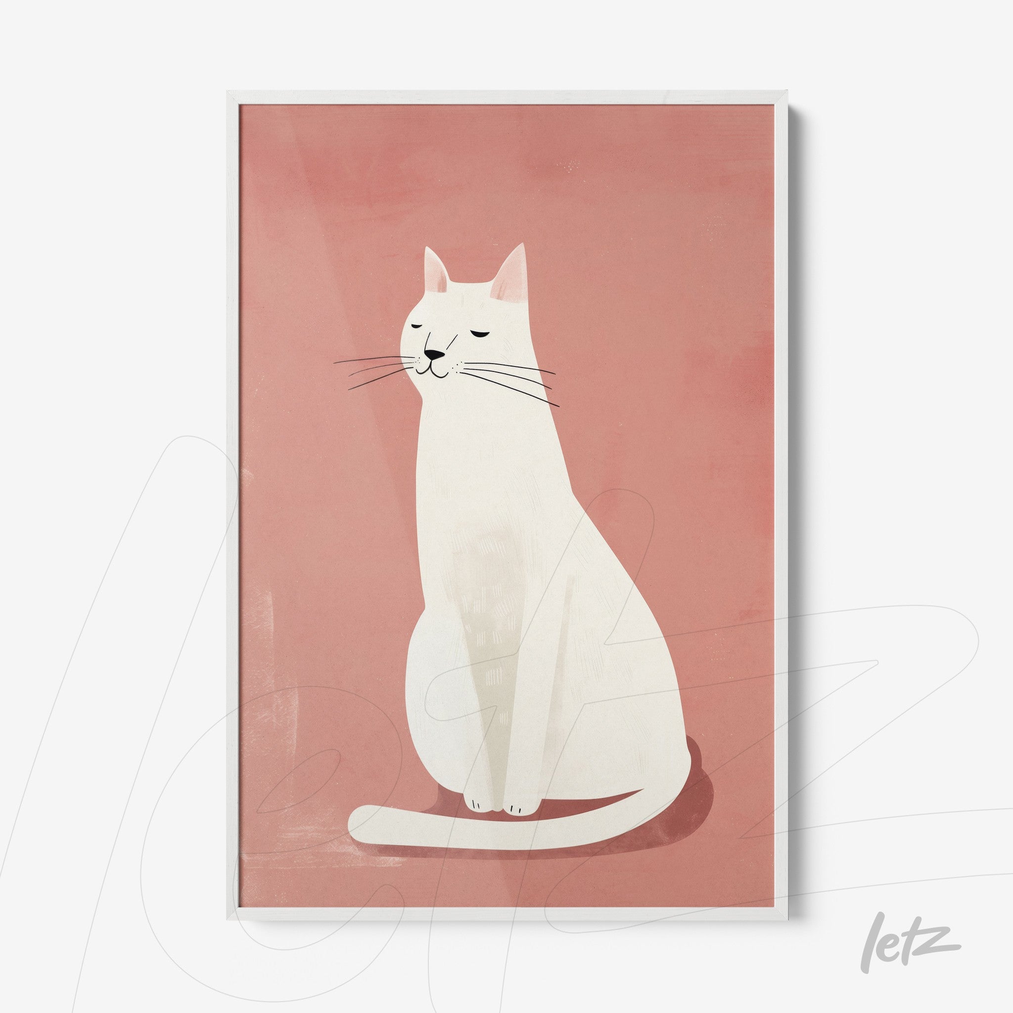 framed artwork featuring a minimalist illustration of a white cat sitting against a light pink background