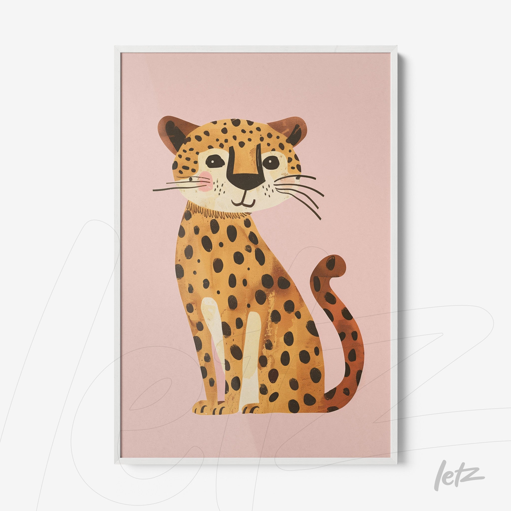 framed art featuring a cute mountain lion illustration on a pink background