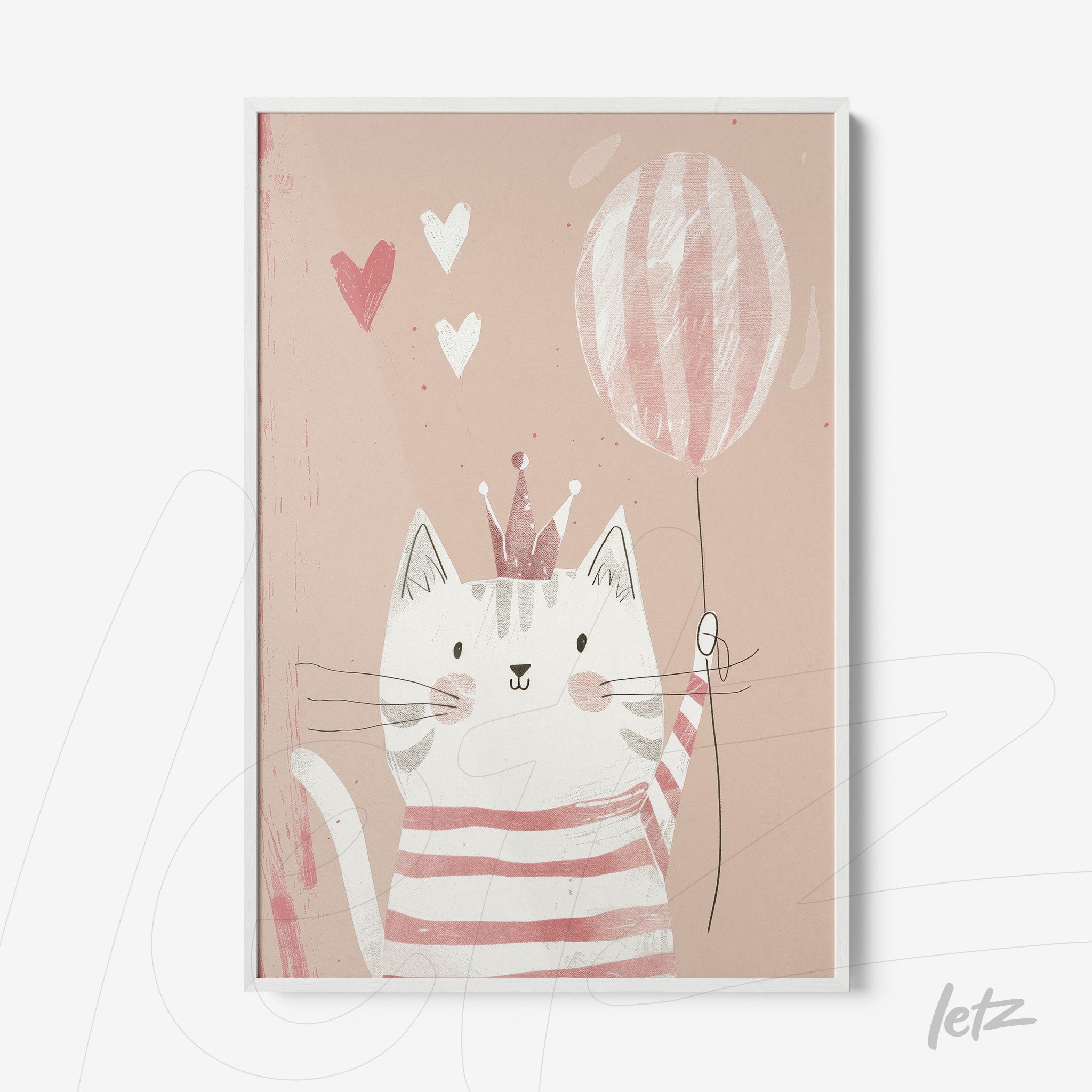 framed illustration of a cheerful cat wearing a striped shirt and holding a pink balloon against a pastel background