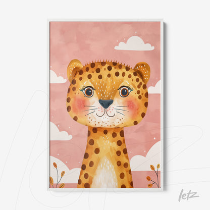 framed wall art of a cute leopard with a pink background and white clouds