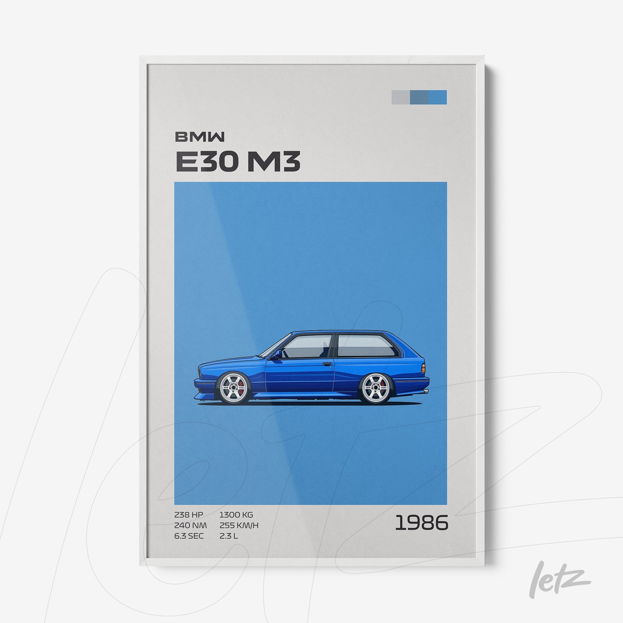 framed artwork featuring a stylized illustration of BMW E30 M3 on a blue background with a white frame
