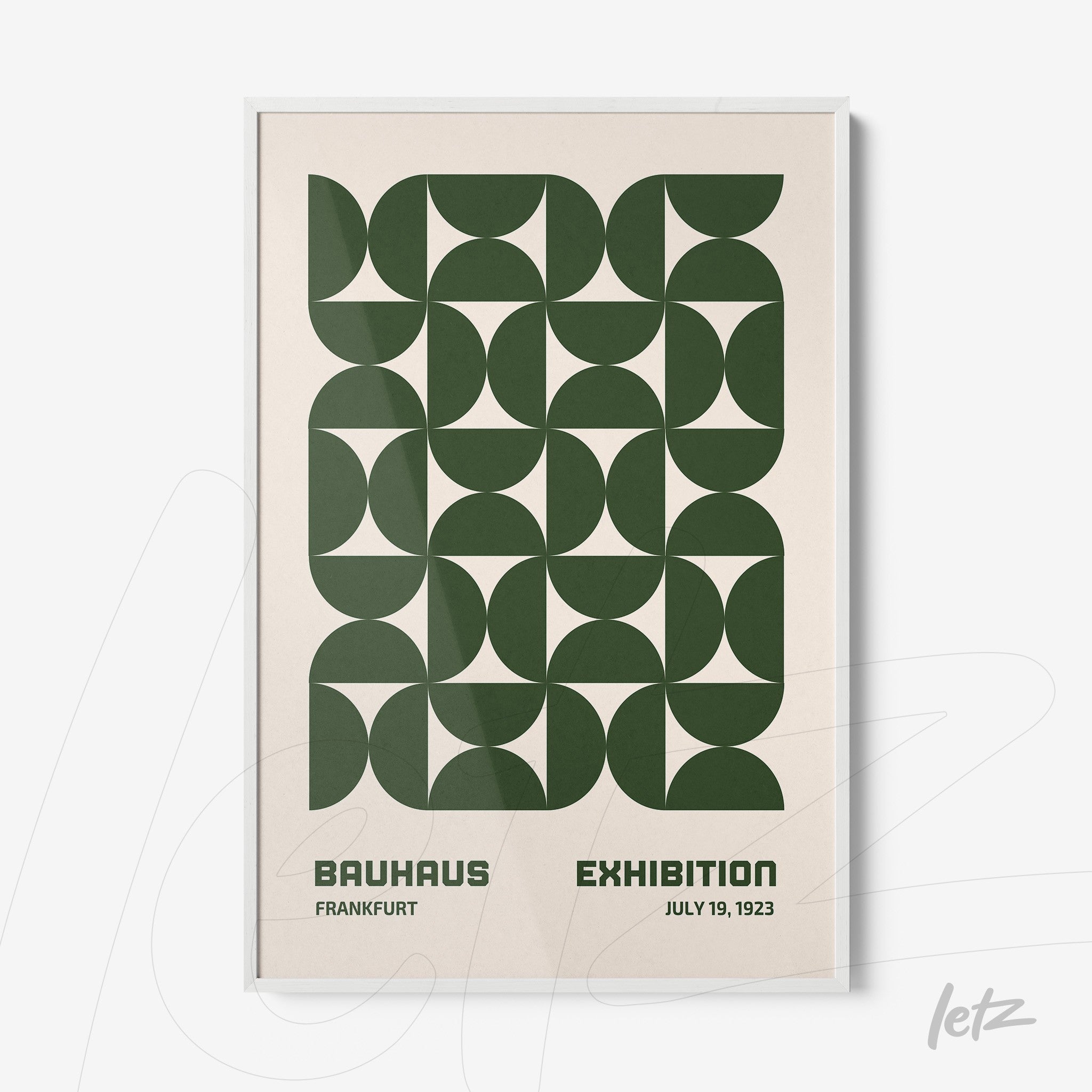 poster featuring dark green geometric art with semicircle composition, thin white frame