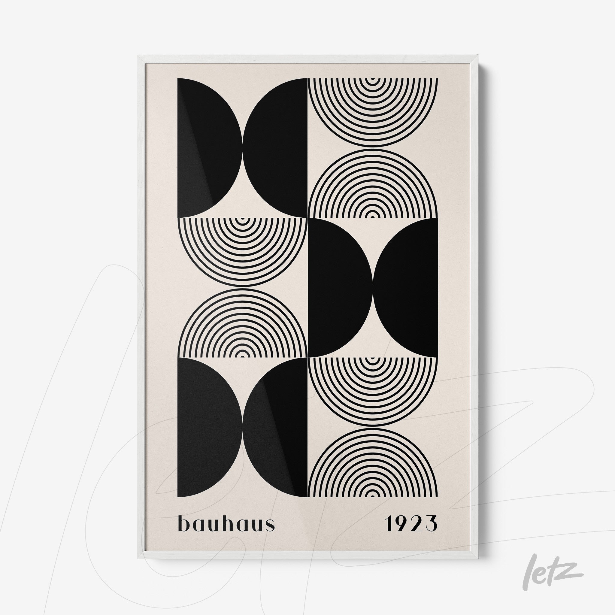 canvas art with black and white geometric bauhaus style from 1923 in a white frame