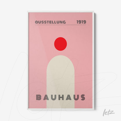 bauhaus style poster print with geometric shapes and light pink background in white frame