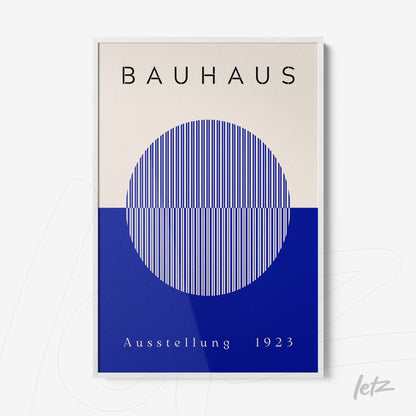 poster featuring geometric design in blue and white with text bauhaus ausstellung 1923 in a thin white frame