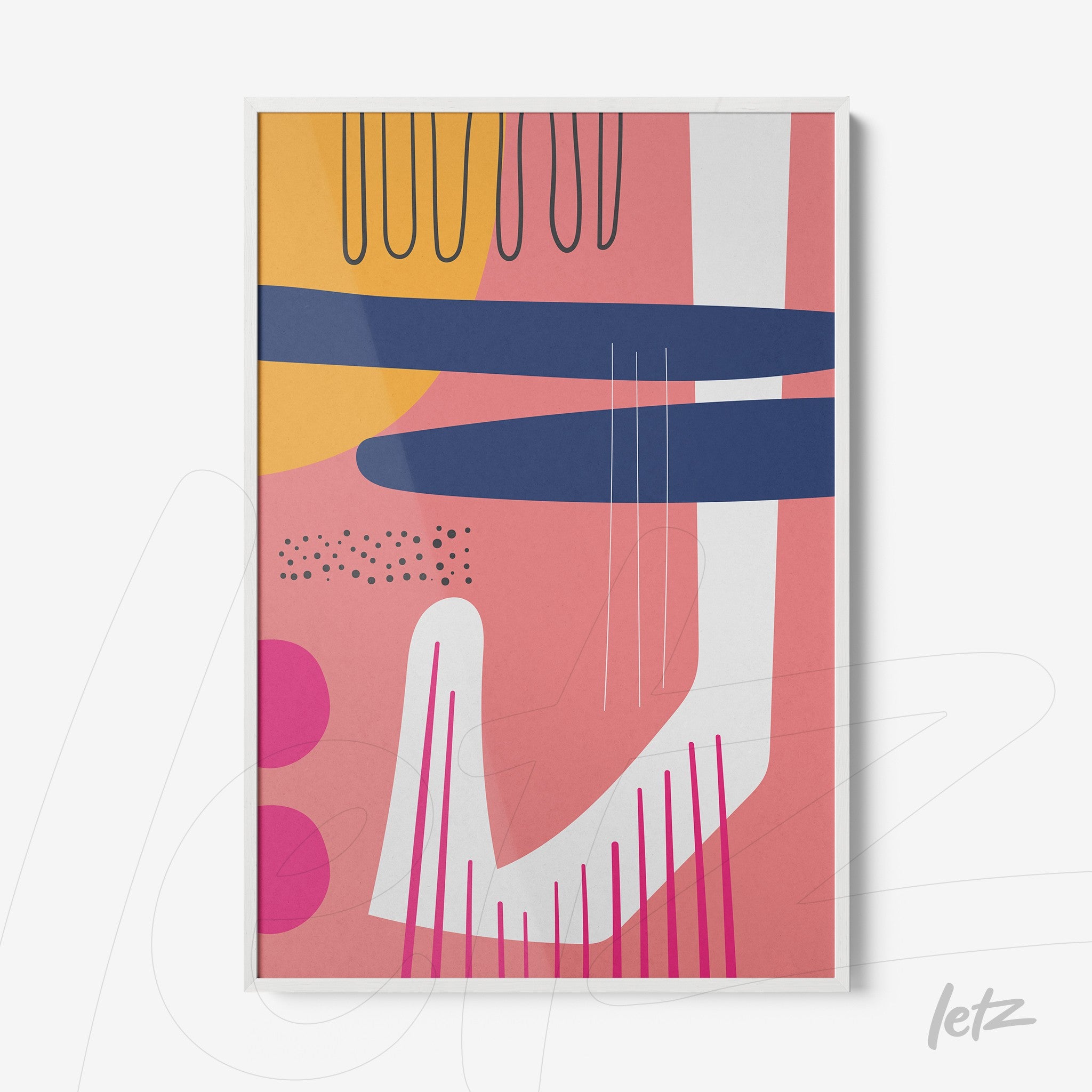 imagem em estilo boho com arte abstrata em cores vivas como rosa, laranja e azul, emoldurada com filete e vidro branco