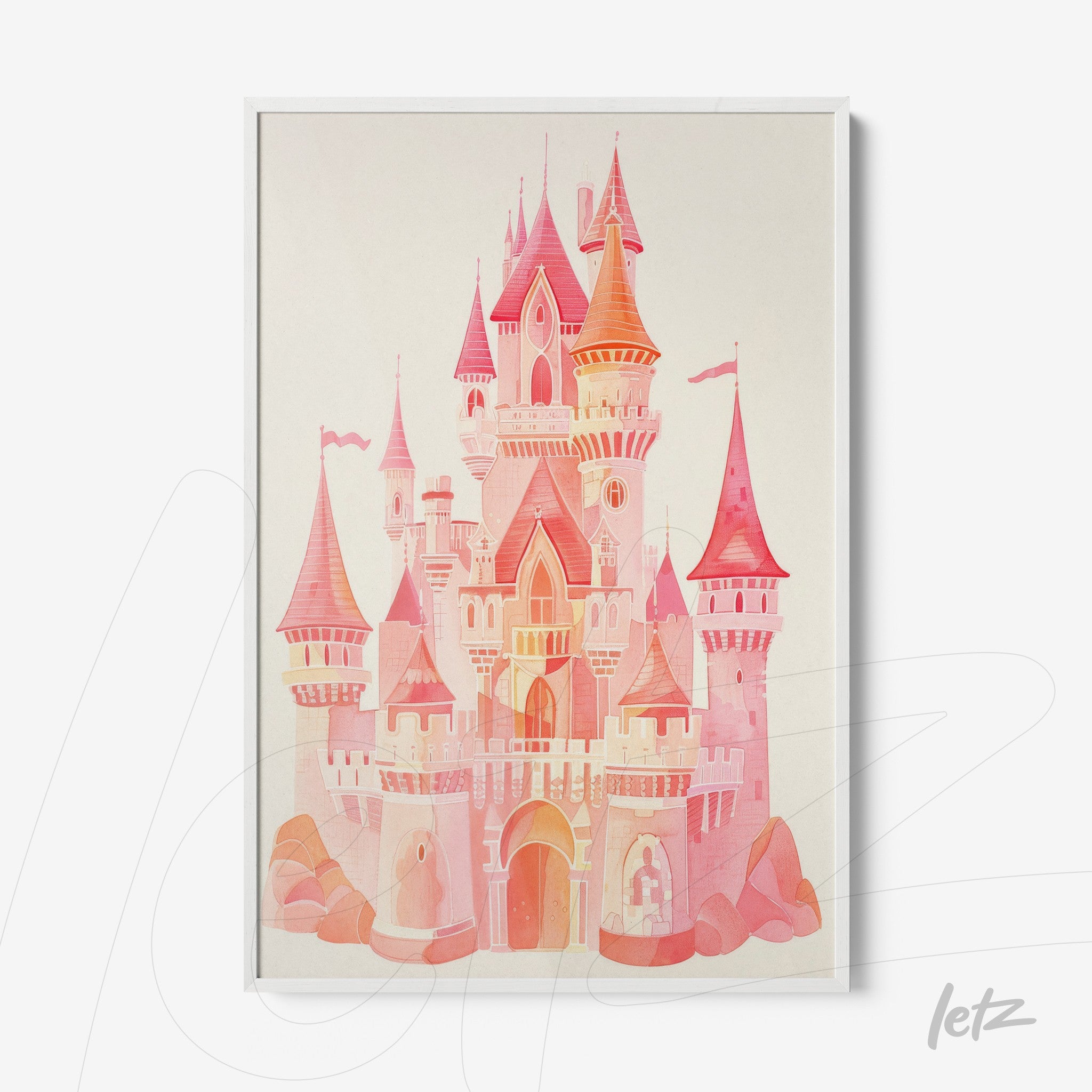 framed artwork of a pink and orange castle illustration with a white frame
